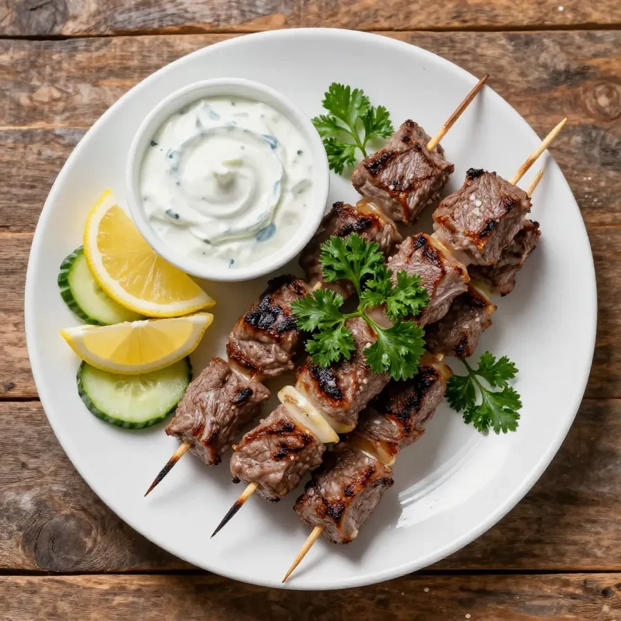 A plate of Mediterranean beef kofta served with fresh herbs and tzatziki sauce