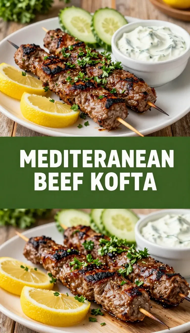 A plate of Mediterranean beef kofta served with fresh herbs and tzatziki sauce