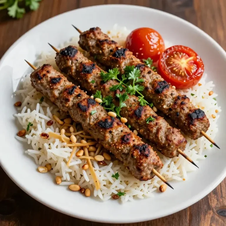 A plate of traditional Lebanese kafta served with fresh vegetables and pita bread