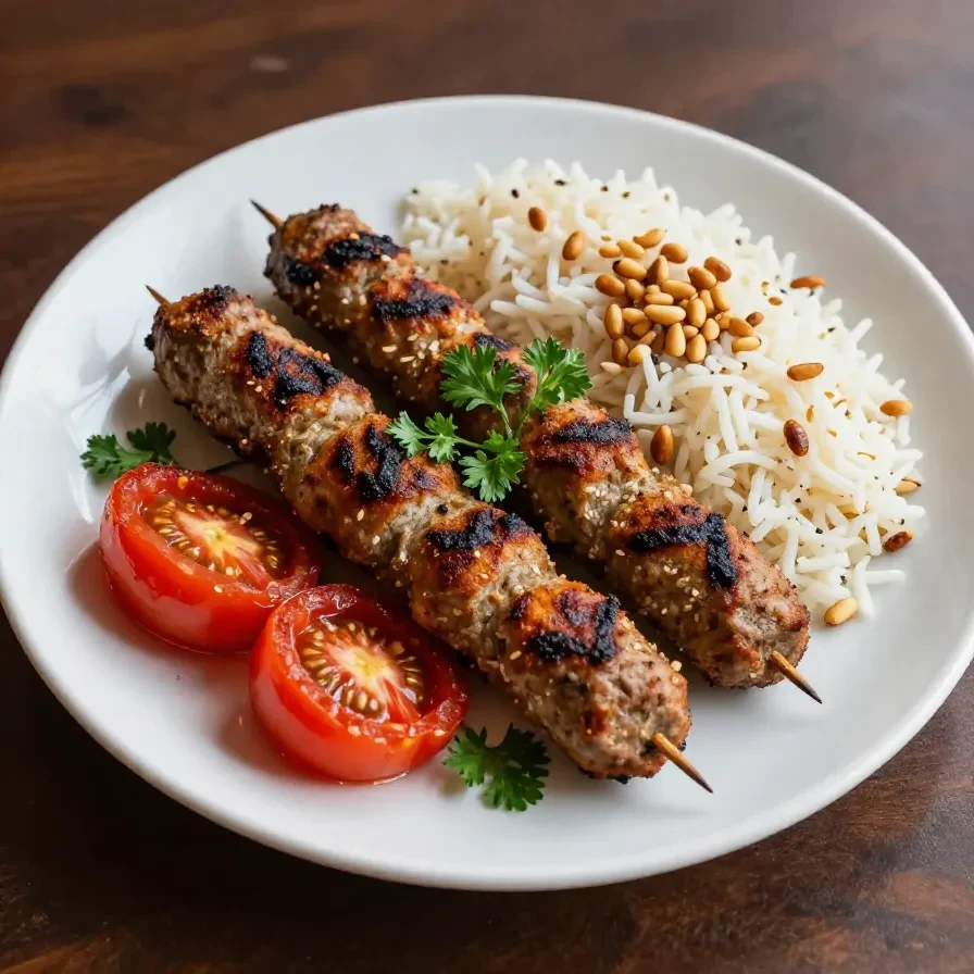A plate of traditional Lebanese kafta served with fresh vegetables and pita bread