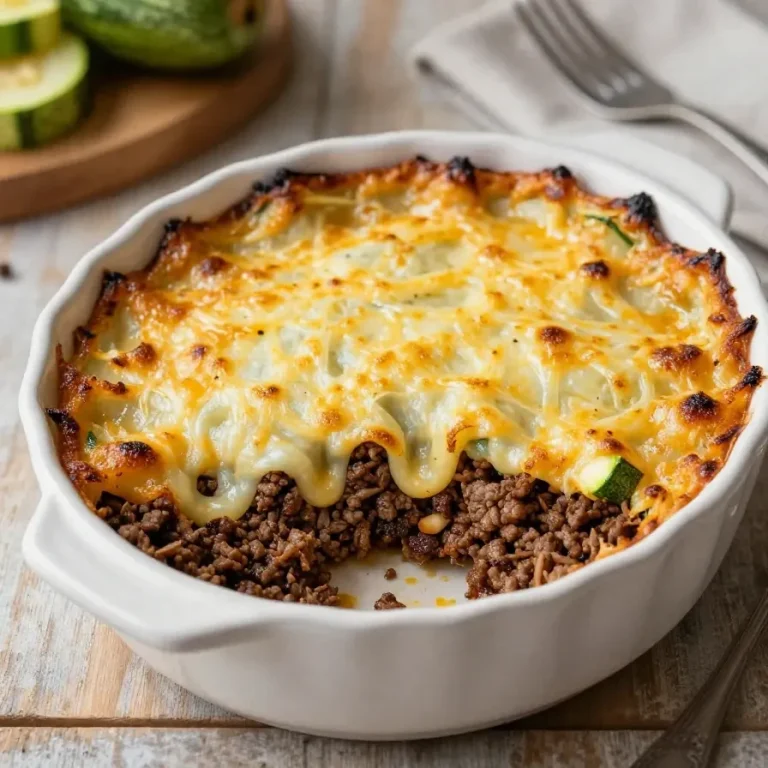 Cheesy Ground Beef and Zucchini Casserole Recipe A delicious cheesy ground beef and zucchini casserole served in a baking dish