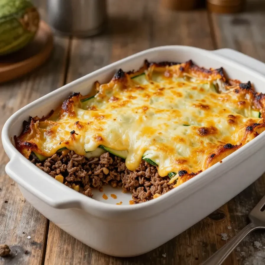 A delicious cheesy ground beef and zucchini casserole served in a baking dish