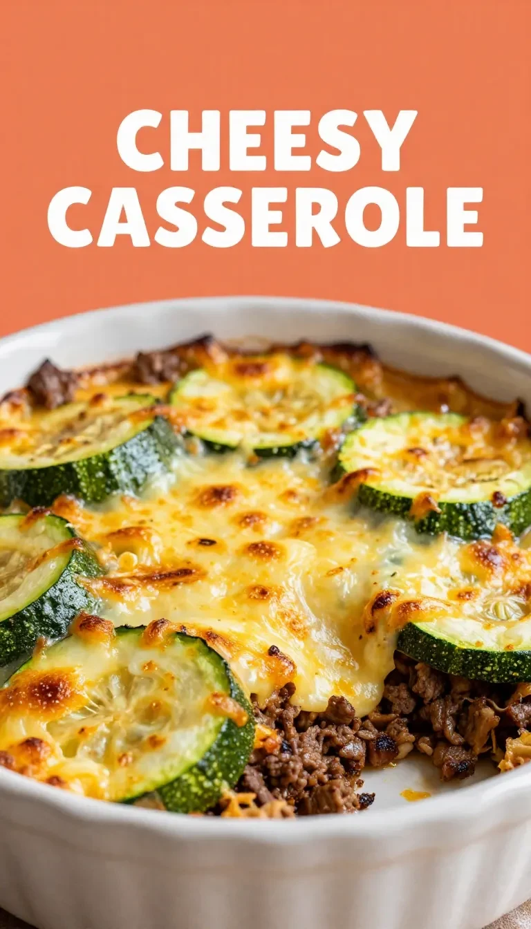 A delicious cheesy ground beef and zucchini casserole served in a baking dish
