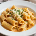 A bowl of creamy roasted butternut squash and garlic chicken pasta topped with parsley