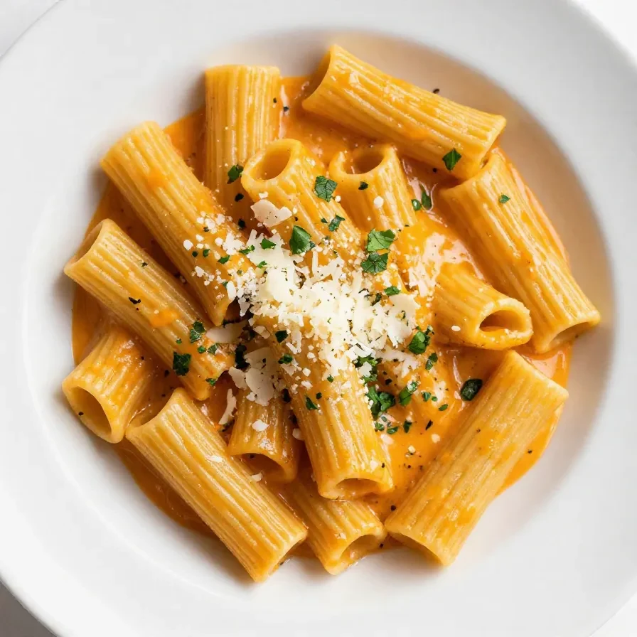 A bowl of creamy roasted butternut squash and garlic chicken pasta topped with parsley