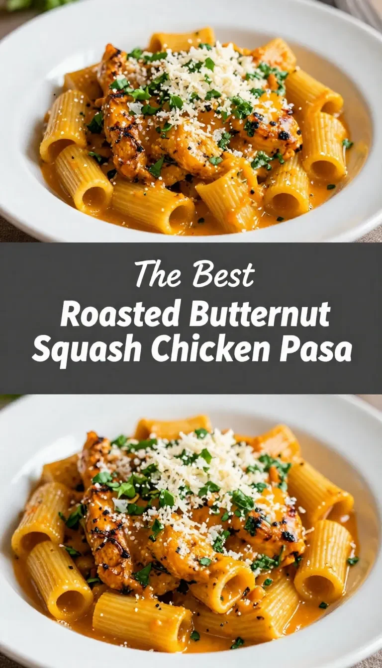 A bowl of creamy roasted butternut squash and garlic chicken pasta topped with parsley