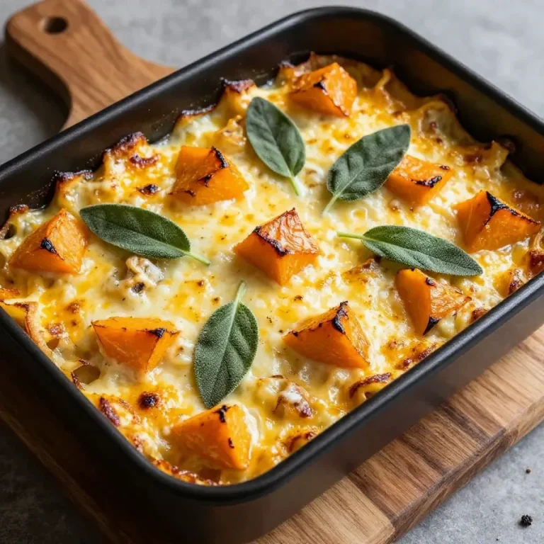 A bowl of creamy baked butternut squash pasta topped with herbs and cheese