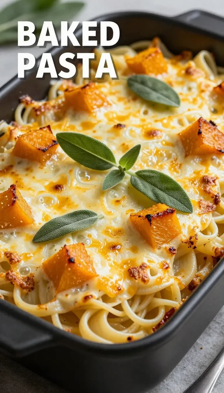 A bowl of creamy baked butternut squash pasta topped with herbs and cheese