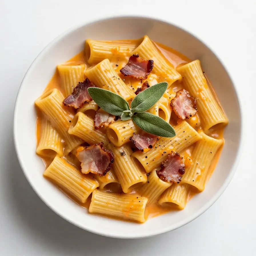 A bowl of creamy butternut squash pasta topped with fresh herbs and grated cheese