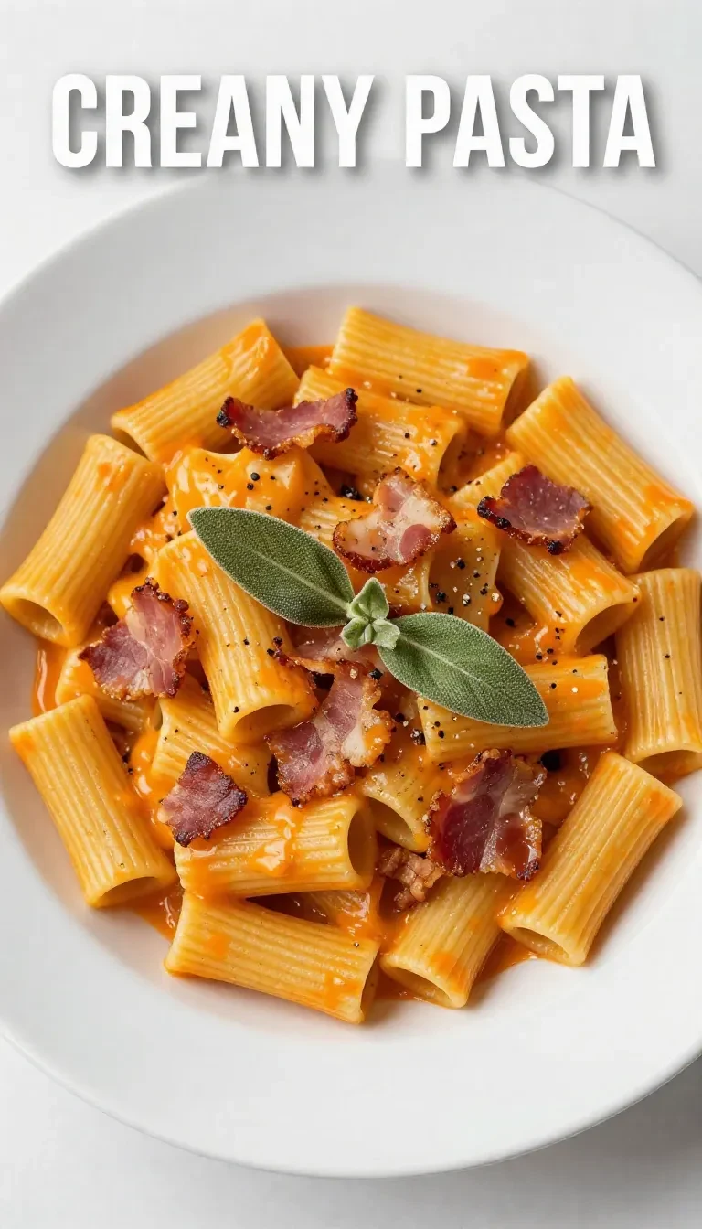 A bowl of creamy butternut squash pasta topped with fresh herbs and grated cheese