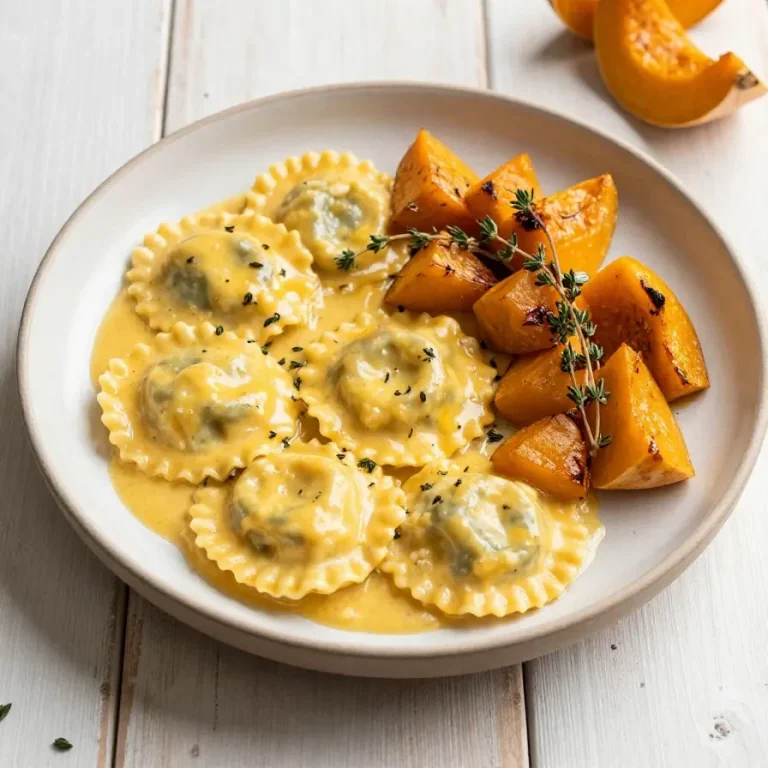 A vibrant bowl of roasted butternut squash pasta topped with Parmesan garlic sauce and fresh herbs.