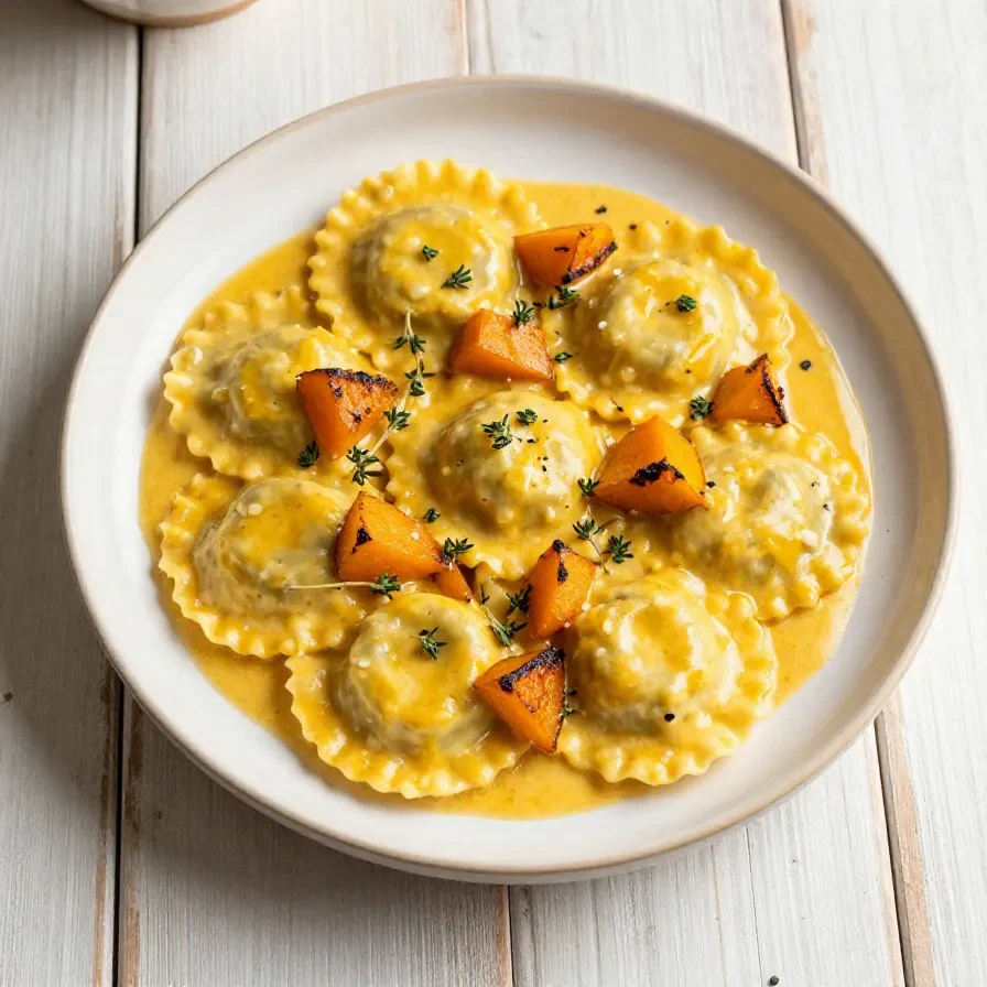A vibrant bowl of roasted butternut squash pasta topped with Parmesan garlic sauce and fresh herbs.