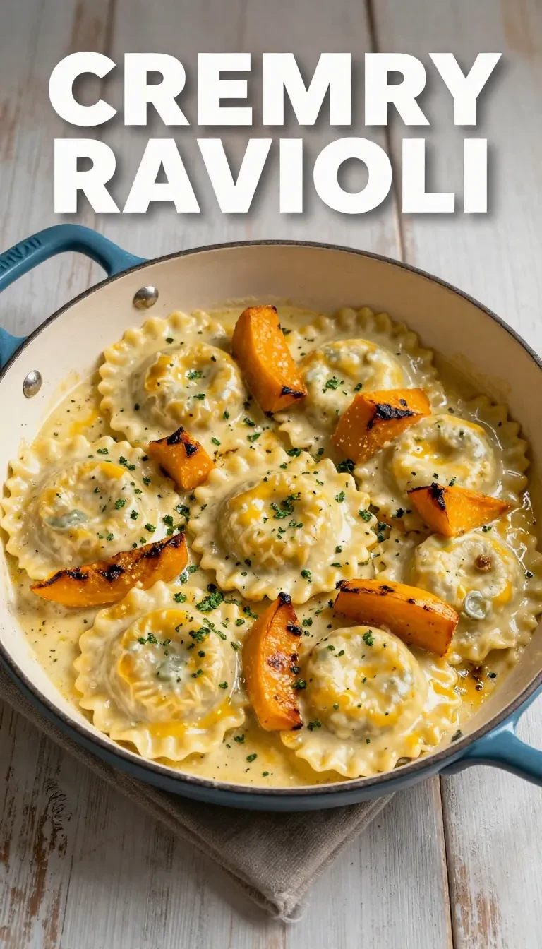 A vibrant bowl of roasted butternut squash pasta topped with Parmesan garlic sauce and fresh herbs.