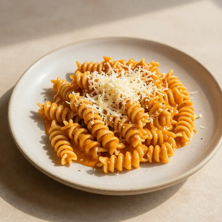 A creamy vegan butternut squash pasta sauce served over spaghetti with fresh basil on top