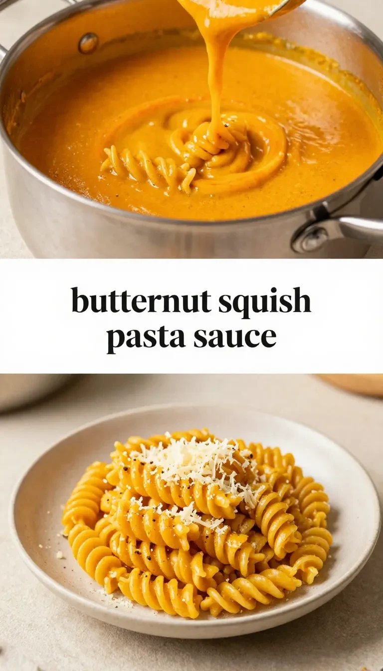 A creamy vegan butternut squash pasta sauce served over spaghetti with fresh basil on top