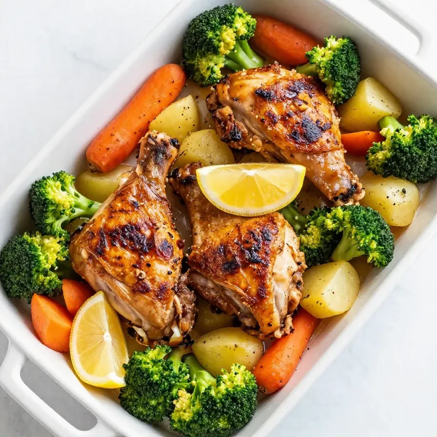A delicious sheet pan meal featuring lemon herb chicken with colorful roasted vegetables.