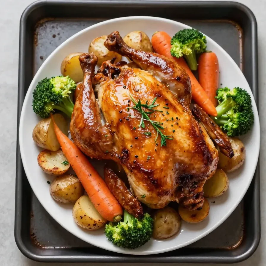 A delicious sheet pan meal featuring lemon herb chicken alongside colorful roasted vegetables.
