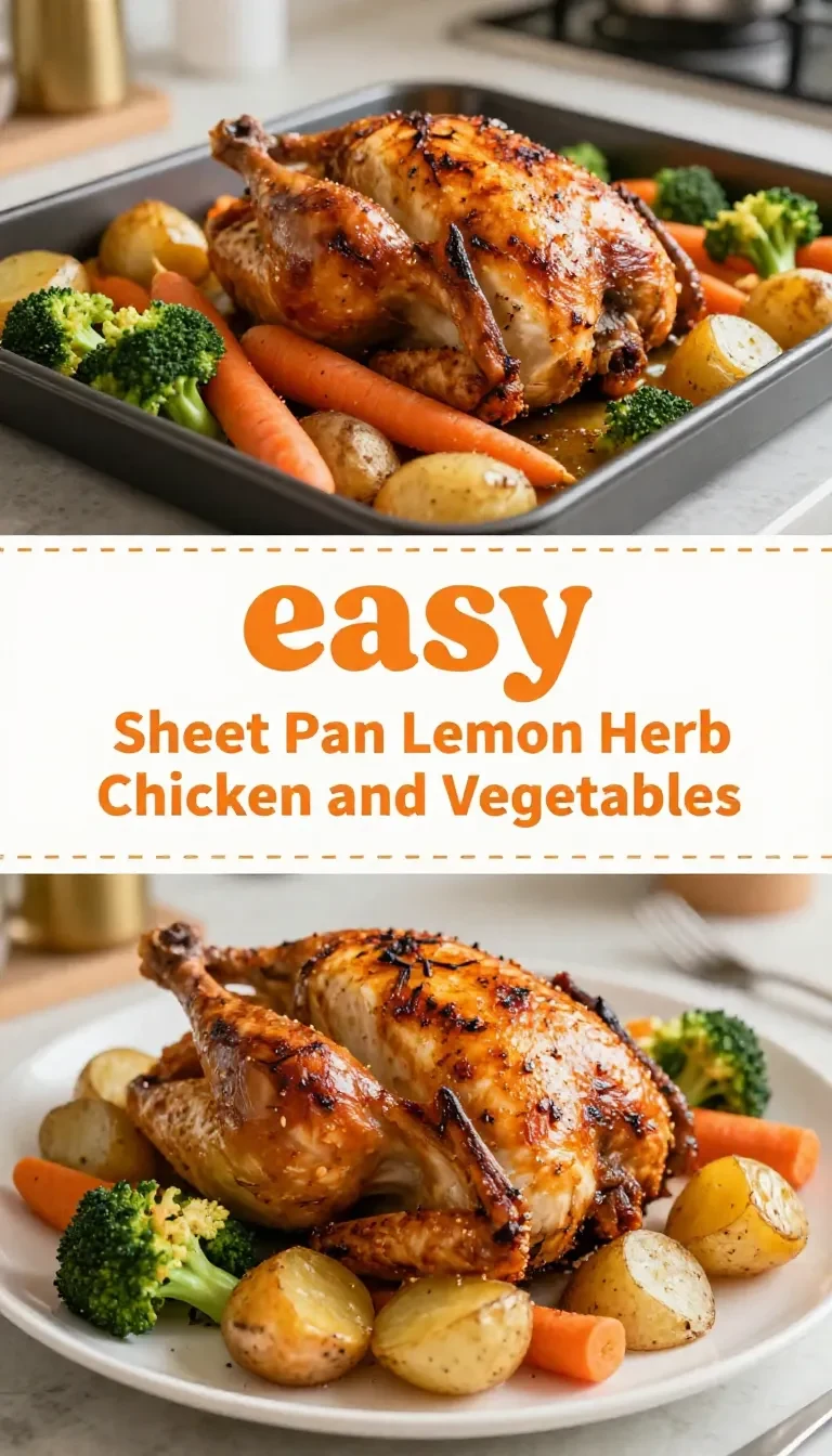 A delicious sheet pan meal featuring lemon herb chicken alongside colorful roasted vegetables.