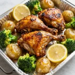 A delicious lemon garlic chicken sheet pan meal featuring potatoes and broccoli