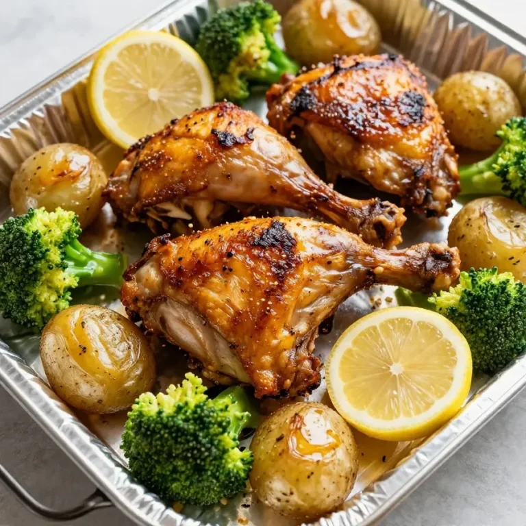 A delicious lemon garlic chicken sheet pan meal featuring potatoes and broccoli