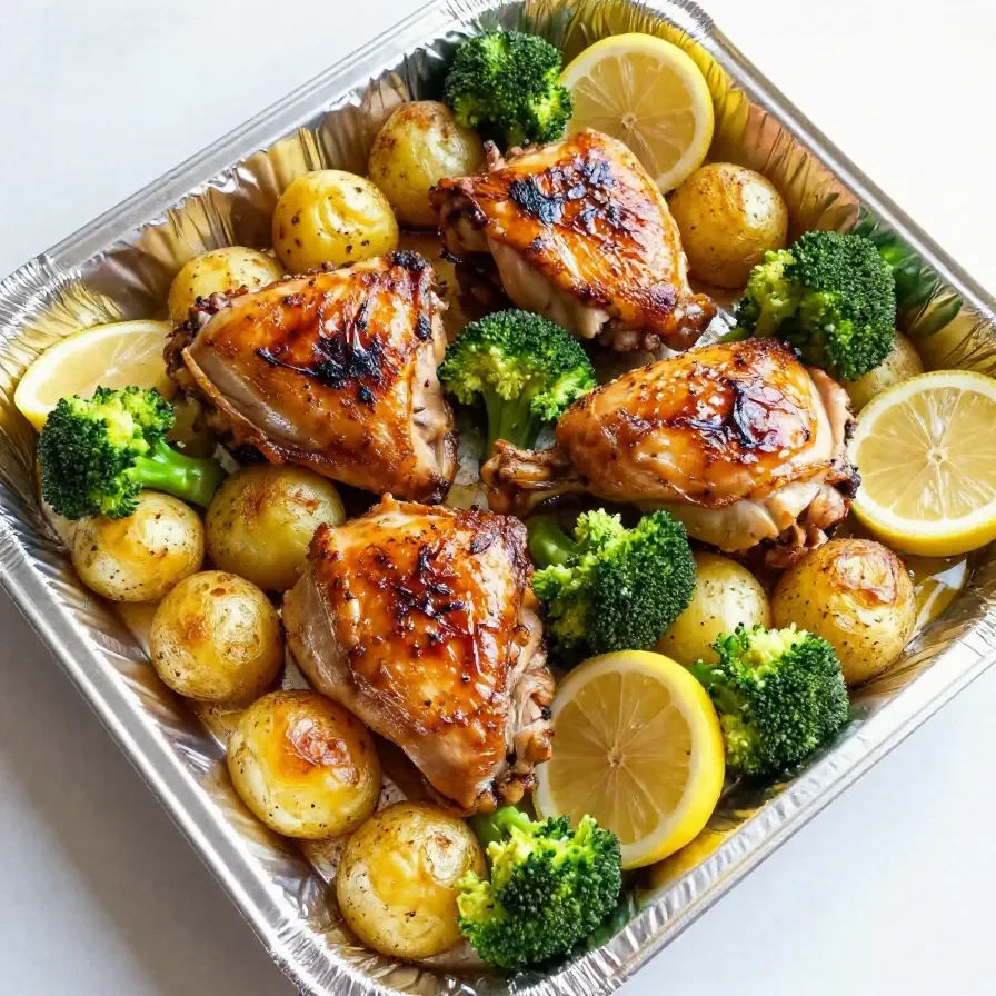 A delicious lemon garlic chicken sheet pan meal featuring potatoes and broccoli