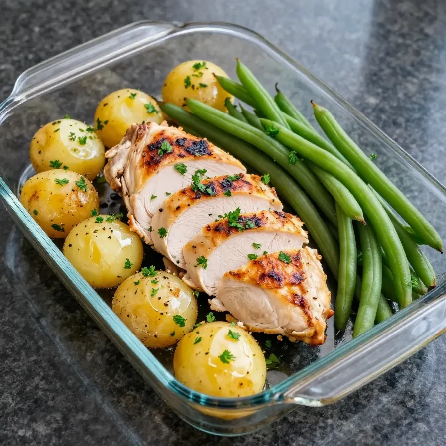 A plate of juicy herb-baked chicken served with roasted potatoes and green beans