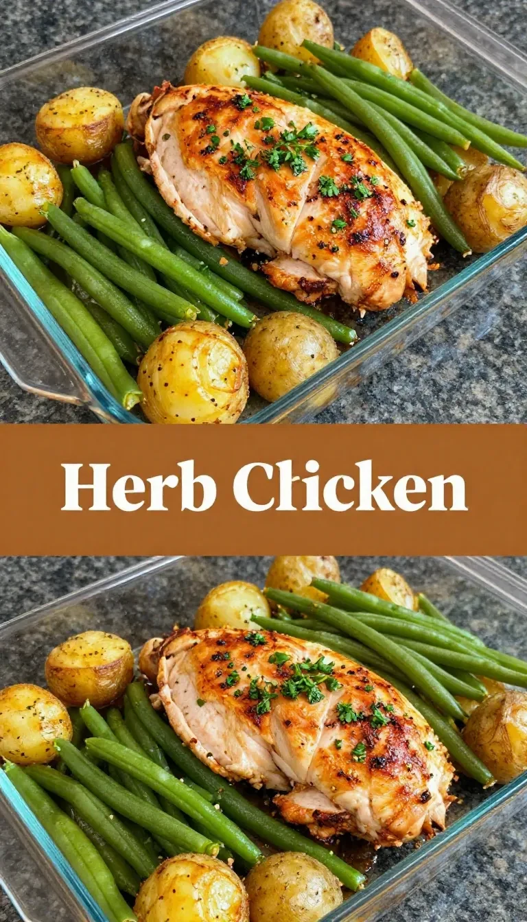 A plate of juicy herb-baked chicken served with roasted potatoes and green beans