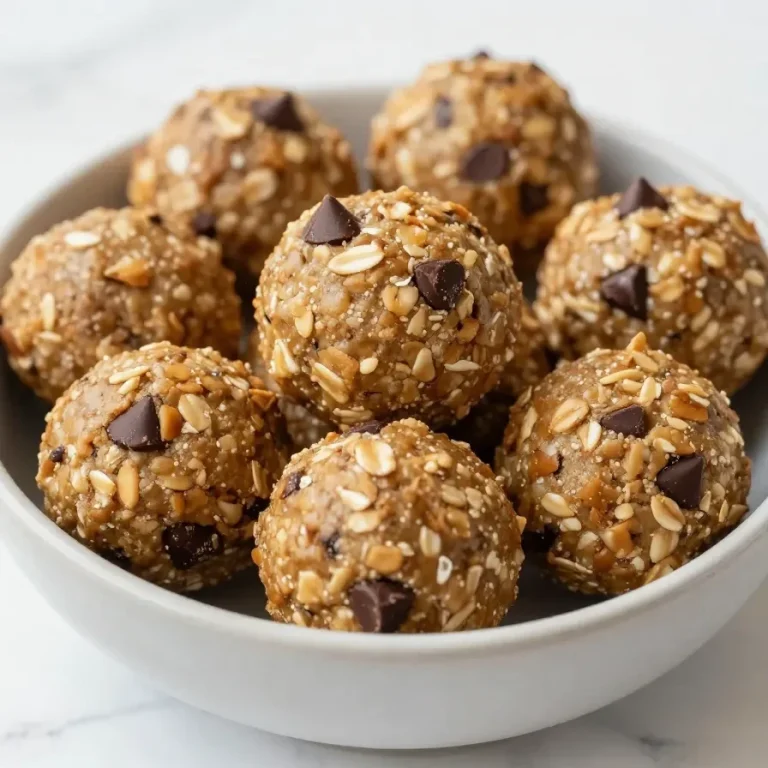 A close-up of high protein peanut butter oatmeal balls with chocolate chips on a wooden surface