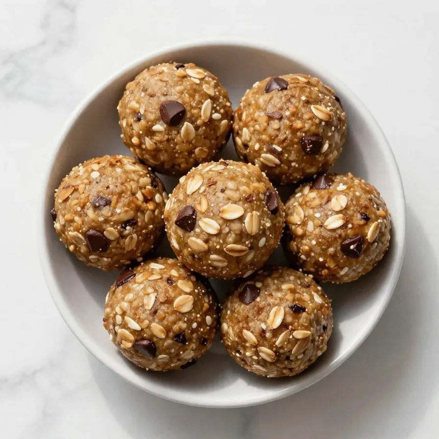 A close-up of high protein peanut butter oatmeal balls with chocolate chips on a wooden surface