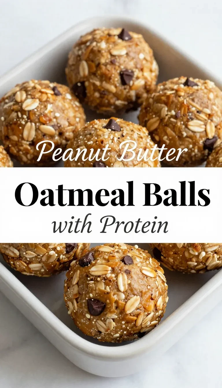 A close-up of high protein peanut butter oatmeal balls with chocolate chips on a wooden surface