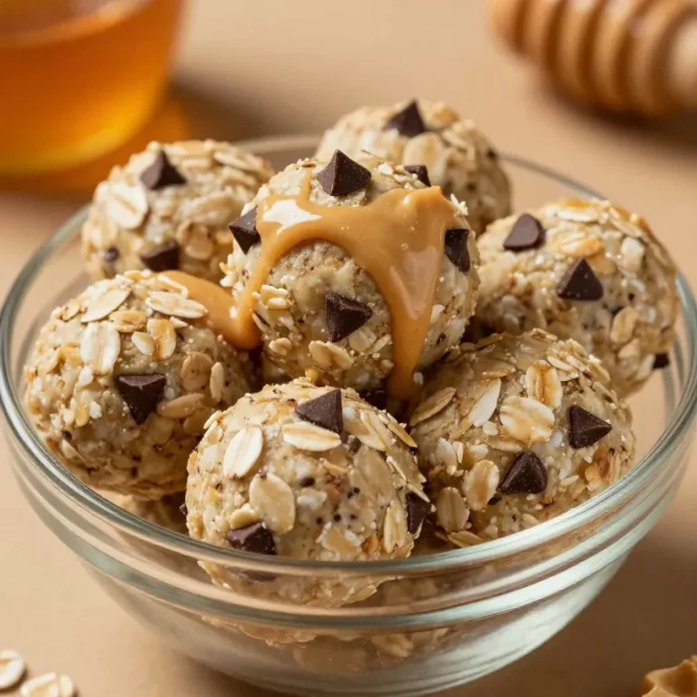 A close-up of oatmeal protein balls made with peanut butter, arranged on a wooden surface