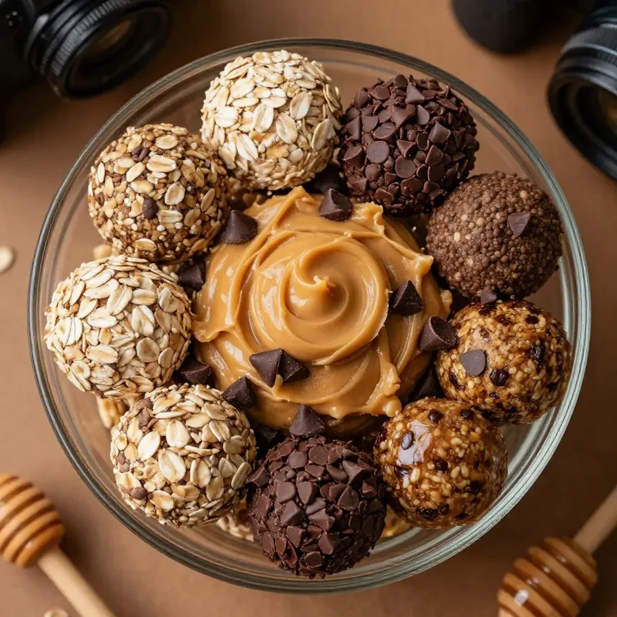 A close-up of oatmeal protein balls made with peanut butter, arranged on a wooden surface