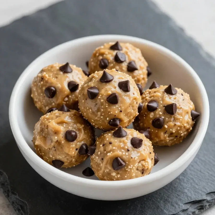 A close-up of no bake peanut butter protein balls arranged on a wooden platter
