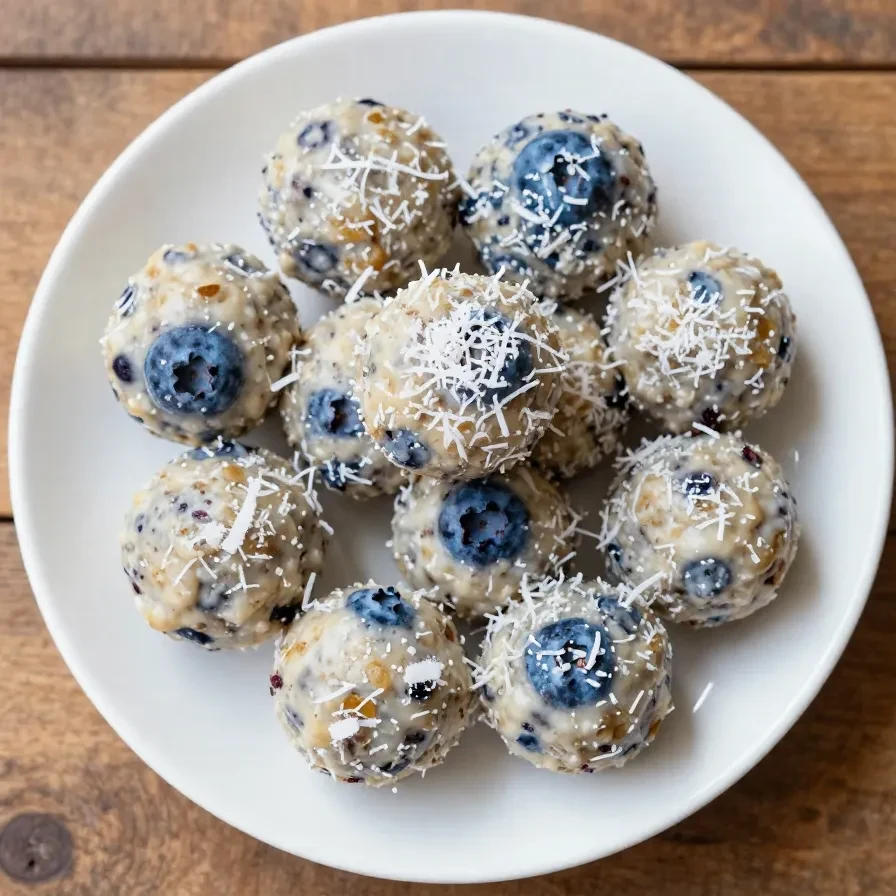 A close-up of creamy blueberry cheesecake protein balls arranged on a white plate