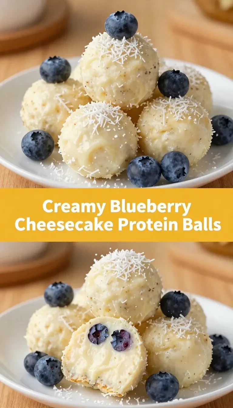 A close-up of creamy blueberry cheesecake protein balls arranged on a white plate