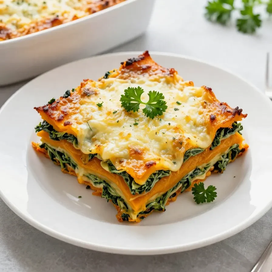 A delicious serving of healthy pumpkin spinach lasagna topped with fresh basil and cheese.