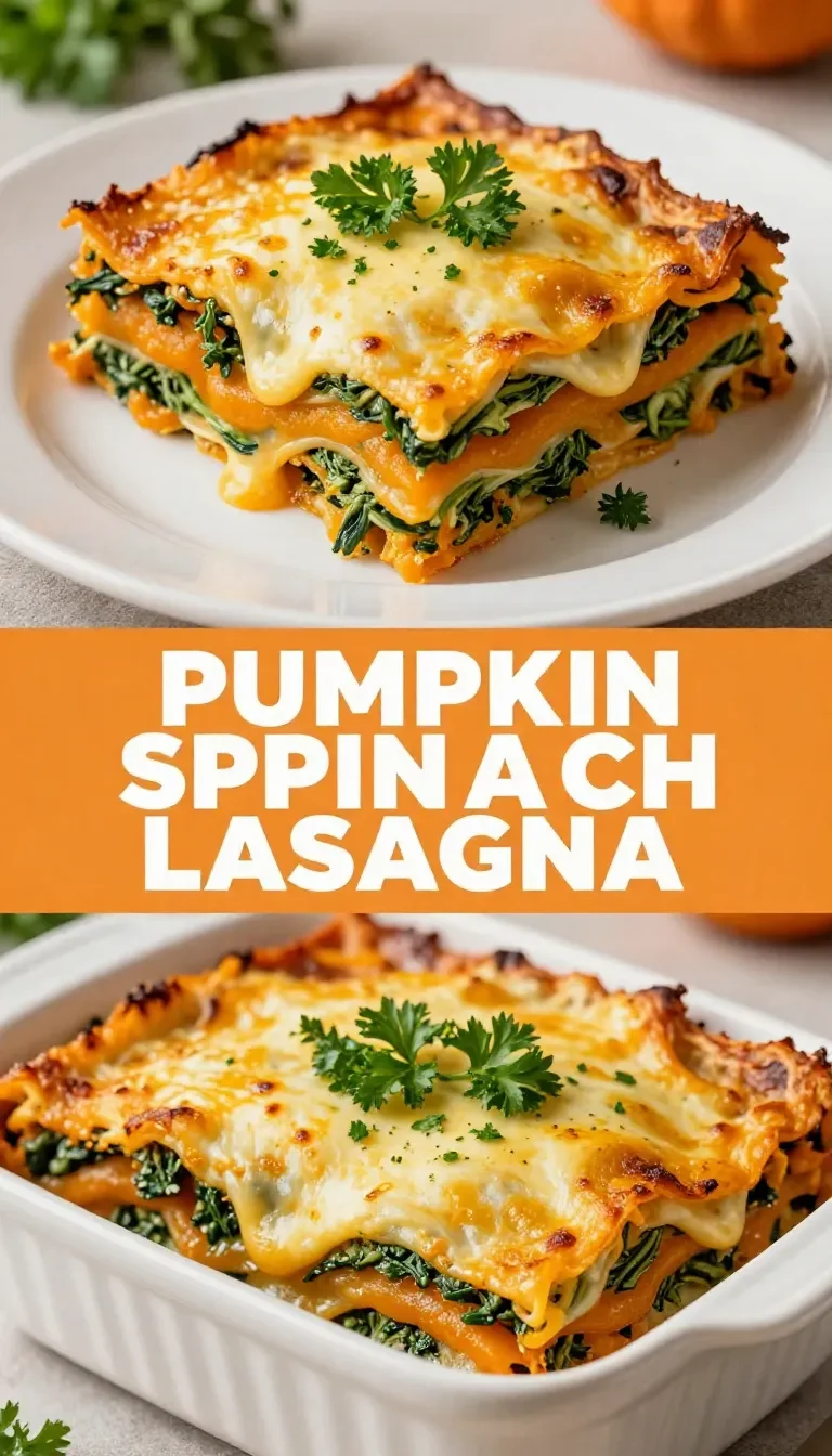 A delicious serving of healthy pumpkin spinach lasagna topped with fresh basil and cheese.