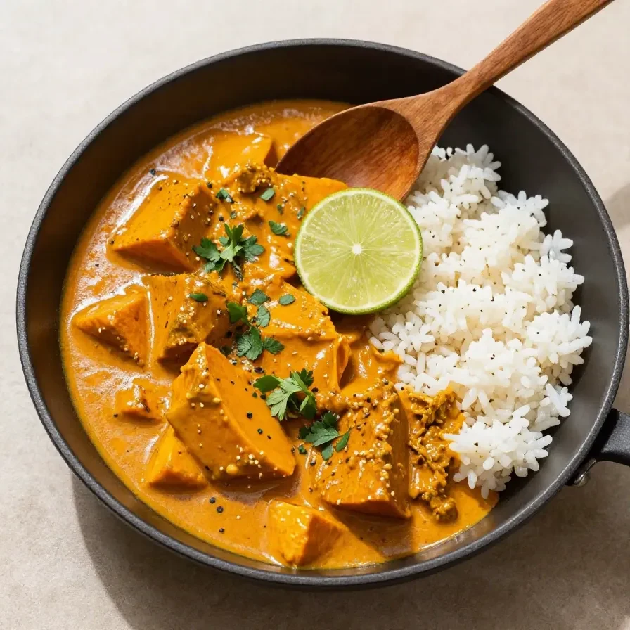 A vibrant bowl of Indian pumpkin curry garnished with fresh cilantro and served with rice