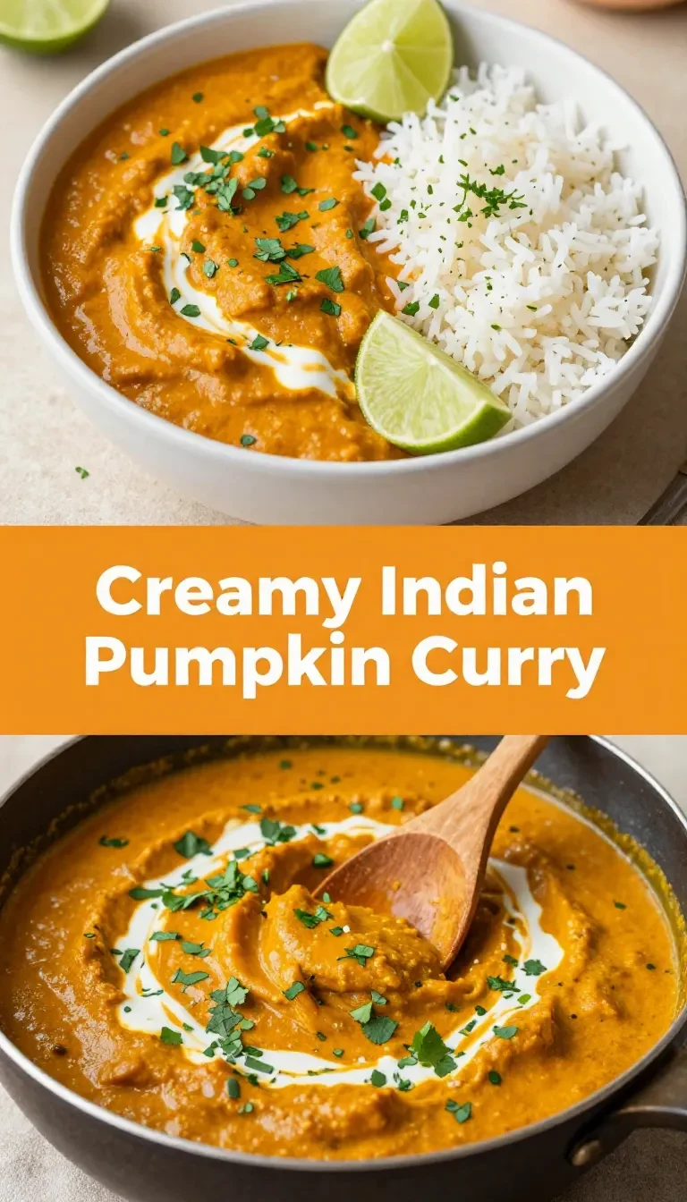 A vibrant bowl of Indian pumpkin curry garnished with fresh cilantro and served with rice