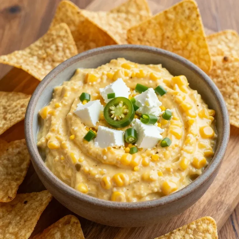 A creamy crack corn dip served in a bowl with tortilla chips on the side