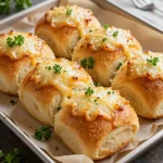 A close-up of freshly baked garlic parmesan cheeseburger bombs on a wooden board