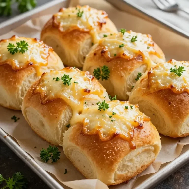 A close-up of freshly baked garlic parmesan cheeseburger bombs on a wooden board