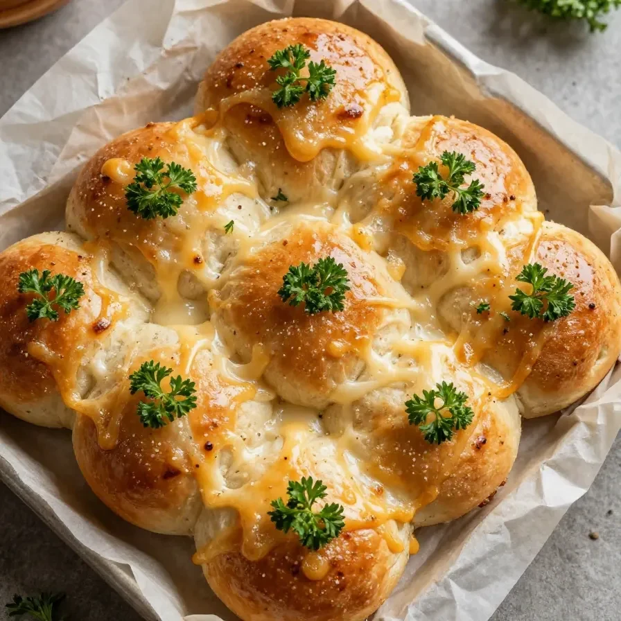 A close-up of freshly baked garlic parmesan cheeseburger bombs on a wooden board